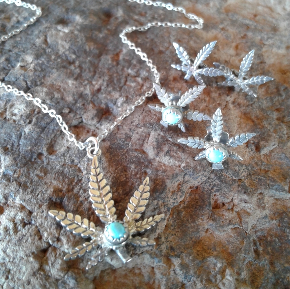 Sterling Silver Vintage TURQUOISE Weed necklace SET